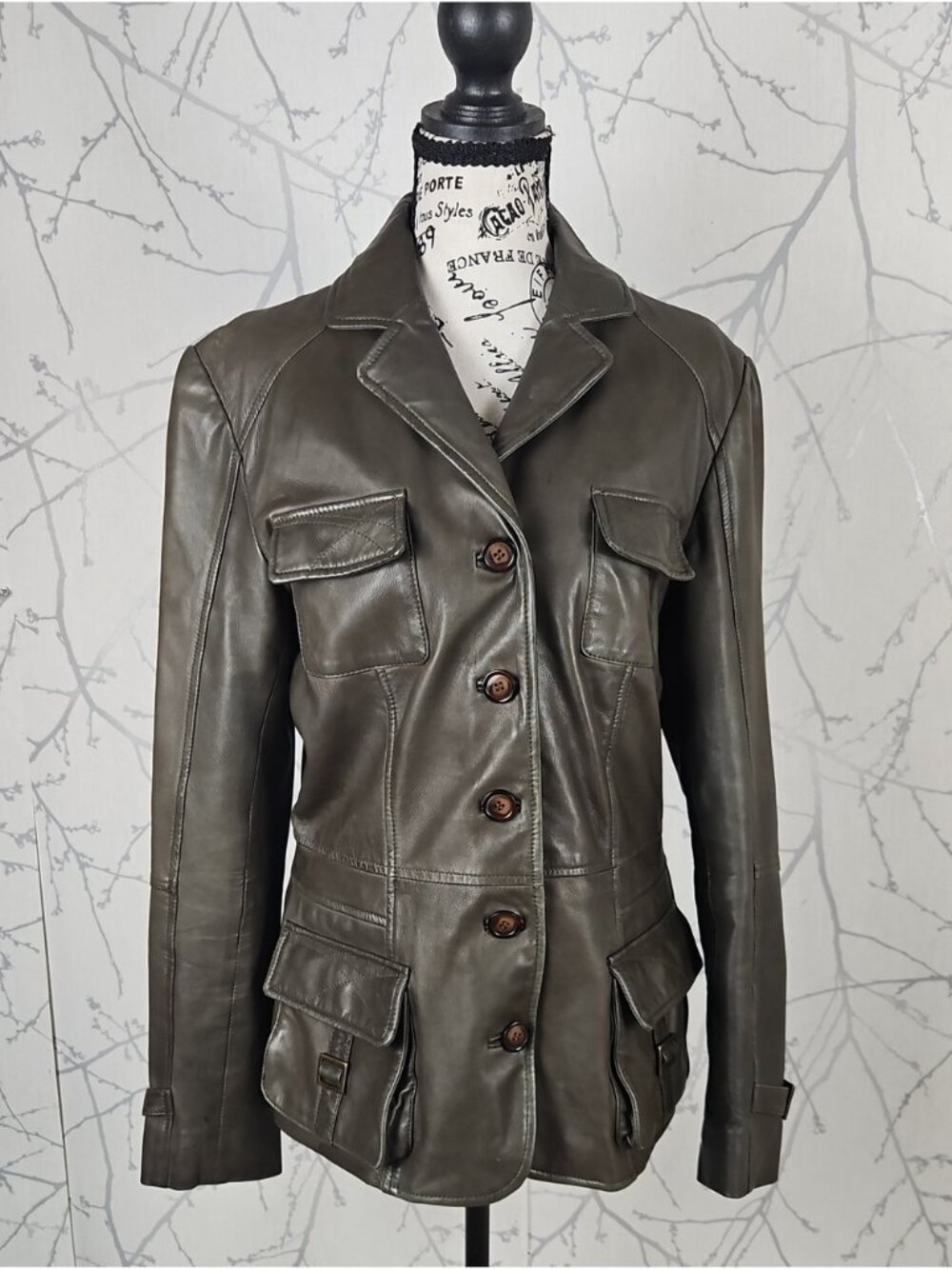 Danier Dark Olive Genuine Leather Button Front Utility Jacket